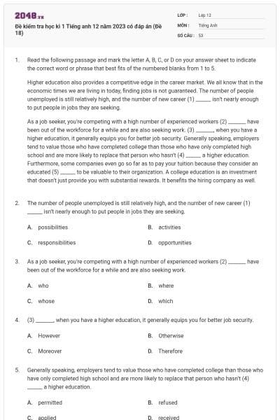 Đề kiểm tra học kì 1 Tiếng anh 12 năm 2023 có đáp án (Đề 18)