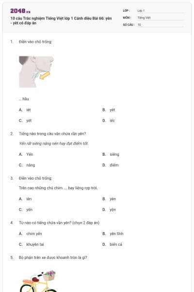 10 câu Trắc nghiệm Tiếng Việt lớp 1 Cánh diều Bài 66: yên - yêt có đáp án