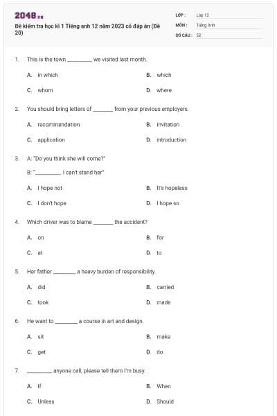 Đề kiểm tra học kì 1 Tiếng anh 12 năm 2023 có đáp án (Đề 20)