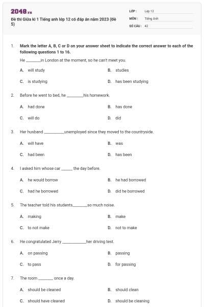 Đề thi Giữa kì 1 Tiếng anh lớp 12 có đáp án năm 2023 (Đề 5)