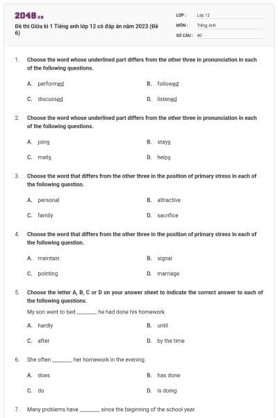 Đề thi Giữa kì 1 Tiếng anh lớp 12 có đáp án năm 2023 (Đề 6)