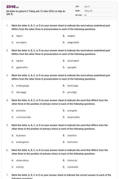 Đề kiểm tra giữa kì 2 Tiếng anh 12 năm 2023 có đáp án (Đề 9)