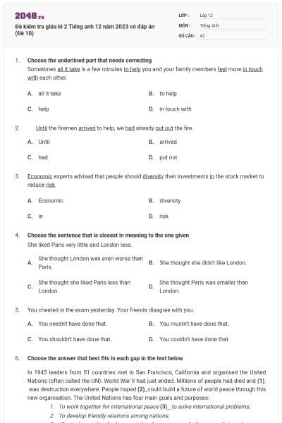 Đề kiểm tra giữa kì 2 Tiếng anh 12 năm 2023 có đáp án (Đề 10)