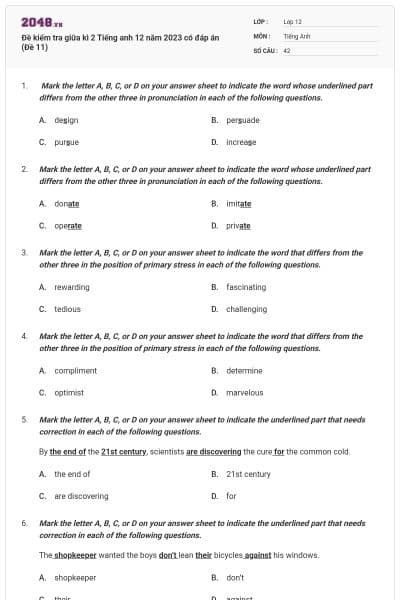 Đề kiểm tra giữa kì 2 Tiếng anh 12 năm 2023 có đáp án (Đề 11)