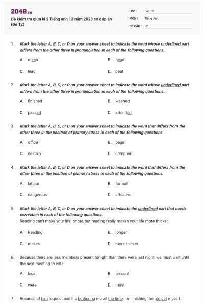Đề kiểm tra giữa kì 2 Tiếng anh 12 năm 2023 có đáp án (Đề 12)