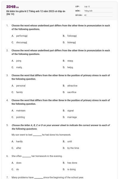 Đề kiểm tra giữa kì 2 Tiếng anh 12 năm 2023 có đáp án (Đề 14)