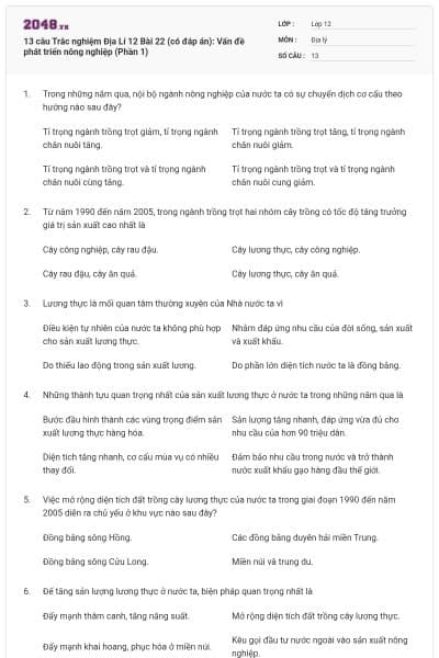 13 câu Trắc nghiệm Địa Lí 12 Bài 22 (có đáp án): Vấn đề phát triển nông nghiệp (Phần 1)