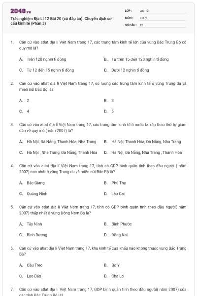 Trắc nghiệm Địa Lí 12 Bài 20 (có đáp án): Chuyển dịch cơ cấu kinh tế (Phần 3)