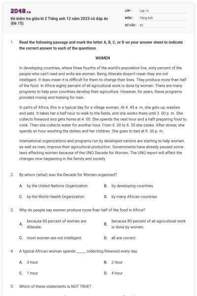 Đề kiểm tra giữa kì 2 Tiếng anh 12 năm 2023 có đáp án (Đề 15)