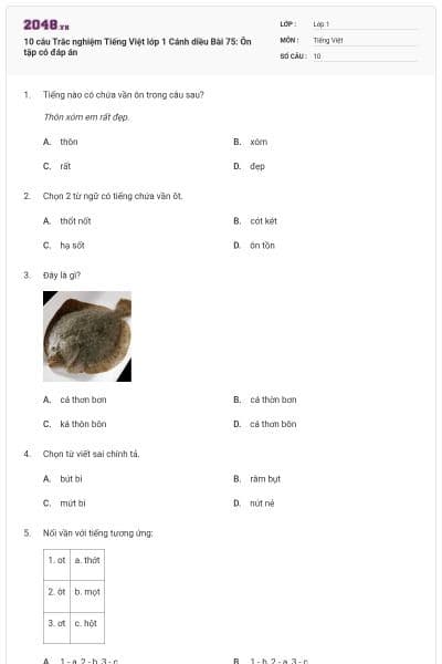 10 câu Trắc nghiệm Tiếng Việt lớp 1 Cánh diều Bài 75: Ôn tập có đáp án