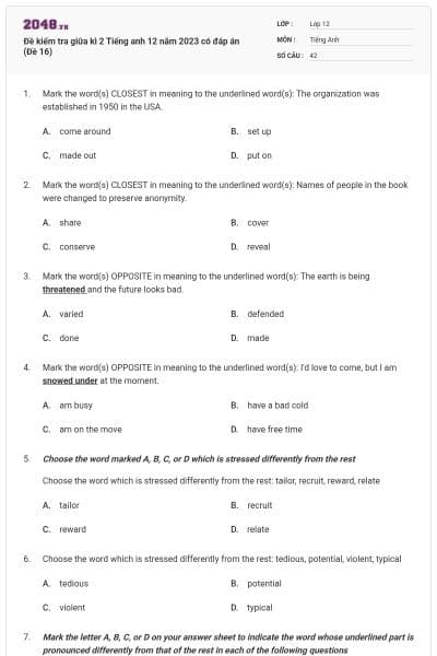 Đề kiểm tra giữa kì 2 Tiếng anh 12 năm 2023 có đáp án (Đề 16)