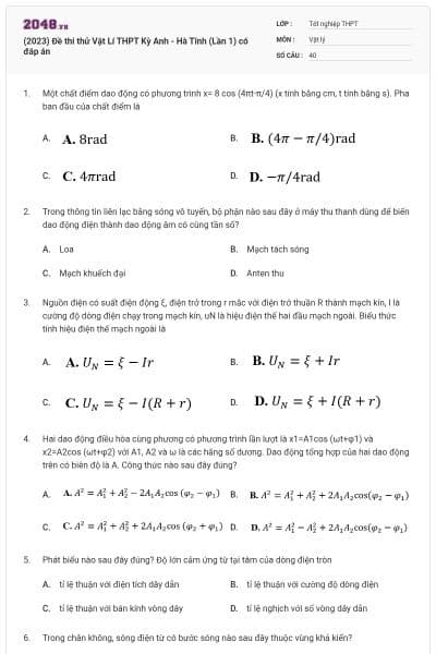 (2023) Đề thi thử Vật Lí THPT Kỳ Anh - Hà Tĩnh (Lần 1) có đáp án