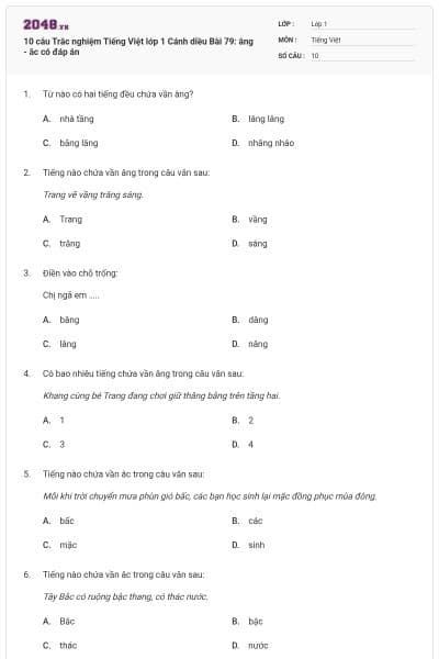 10 câu Trắc nghiệm Tiếng Việt lớp 1 Cánh diều Bài 79: âng - âc có đáp án