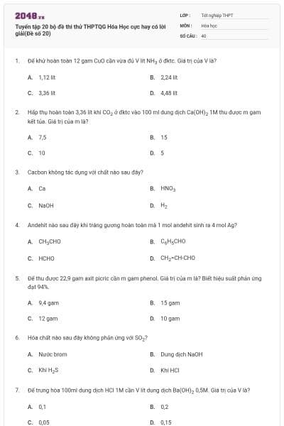 Tuyển tập 20 bộ đề thi thử THPTQG Hóa Học cực hay có lời giải(Đề số 20)