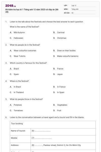 Đề kiểm tra học kì 1 Tiếng anh 12 năm 2023 có đáp án (Đề 28)