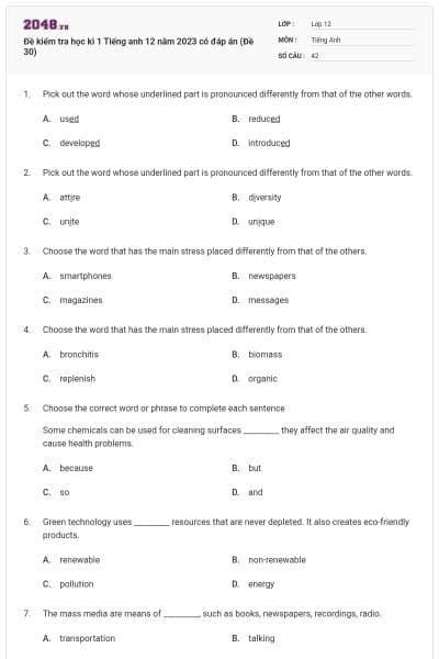 Đề kiểm tra học kì 1 Tiếng anh 12 năm 2023 có đáp án (Đề 30)
