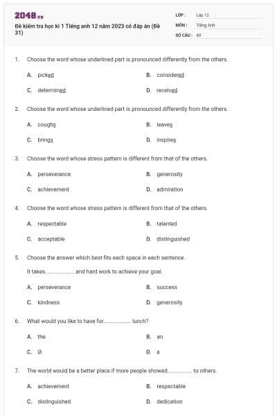 Đề kiểm tra học kì 1 Tiếng anh 12 năm 2023 có đáp án (Đề 31)