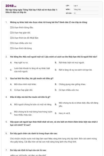 Bài tập hàng ngày Tiếng Việt lớp 4 Kết nối tri thức Bài 1: Điều kì diệu có đáp án