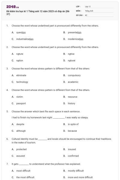 Đề kiểm tra học kì 1 Tiếng anh 12 năm 2023 có đáp án (Đề 37)