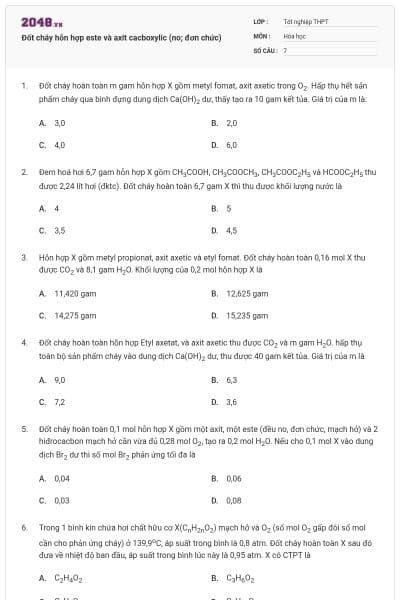 Đốt cháy hỗn hợp este và axit cacboxylic (no; đơn chức)