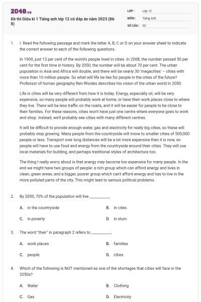 Đề thi Giữa kì 1 Tiếng anh lớp 12 có đáp án năm 2023 (Đề 8)