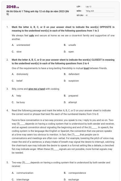 Đề thi Giữa kì 1 Tiếng anh lớp 12 có đáp án năm 2023 (Đề 9)