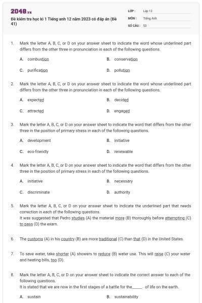 Đề kiểm tra học kì 1 Tiếng anh 12 năm 2023 có đáp án (Đề 41)