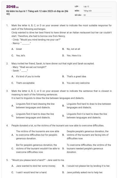 Đề kiểm tra học kì 1 Tiếng anh 12 năm 2023 có đáp án (Đề 42)