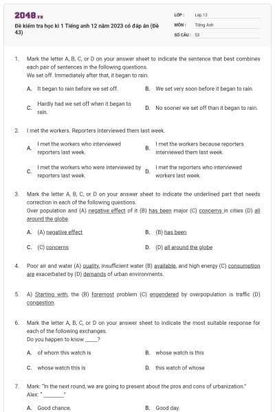 Đề kiểm tra học kì 1 Tiếng anh 12 năm 2023 có đáp án (Đề 43)