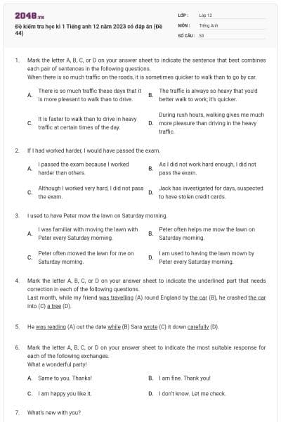 Đề kiểm tra học kì 1 Tiếng anh 12 năm 2023 có đáp án (Đề 44)