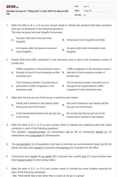 Đề kiểm tra học kì 1 Tiếng anh 12 năm 2023 có đáp án (Đề 45)