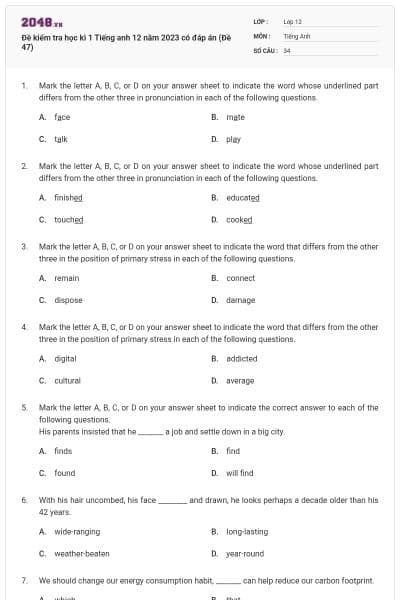 Đề kiểm tra học kì 1 Tiếng anh 12 năm 2023 có đáp án (Đề 47)