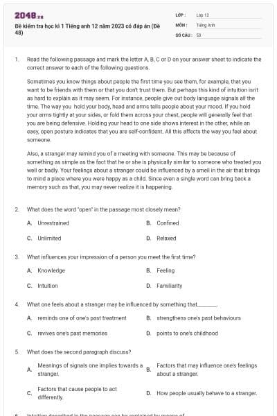 Đề kiểm tra học kì 1 Tiếng anh 12 năm 2023 có đáp án (Đề 48)