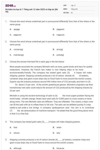 Đề kiểm tra học kì 1 Tiếng anh 12 năm 2023 có đáp án (Đề 49)