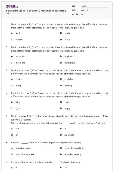 Đề kiểm tra học kì 1 Tiếng anh 12 năm 2023 có đáp án (Đề 50)