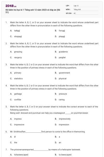 Đề kiểm tra học kì 1 Tiếng anh 12 năm 2023 có đáp án (Đề 51)