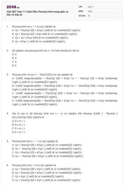 Giải SBT Toán 11 Cánh Diều Phương trình lượng giác cơ bản có đáp án