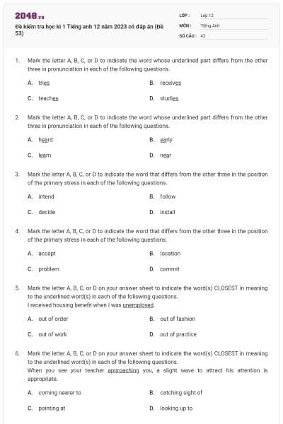 Đề kiểm tra học kì 1 Tiếng anh 12 năm 2023 có đáp án (Đề 53)