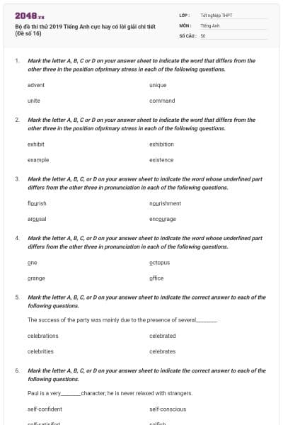 Bộ đề thi thử 2019 Tiếng Anh cực hay có lời giải chi tiết (Đề số 16)