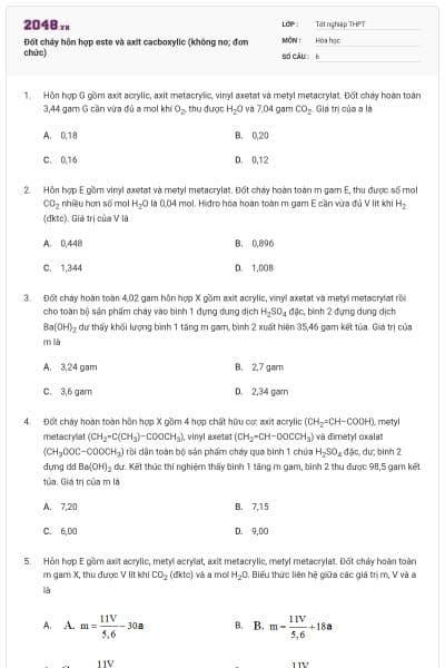 Đốt cháy hỗn hợp este và axit cacboxylic (không no; đơn chức)