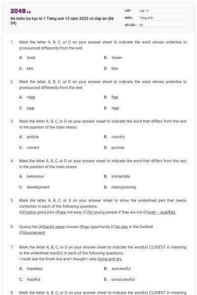 Đề kiểm tra học kì 1 Tiếng anh 12 năm 2023 có đáp án (Đề 54)