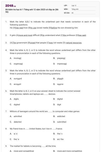 Đề kiểm tra học kì 1 Tiếng anh 12 năm 2023 có đáp án (Đề 56)