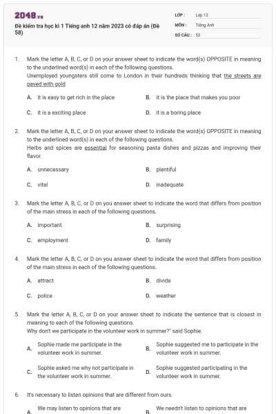Đề kiểm tra học kì 1 Tiếng anh 12 năm 2023 có đáp án (Đề 58)