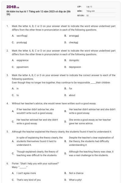 Đề kiểm tra học kì 1 Tiếng anh 12 năm 2023 có đáp án (Đề 59)