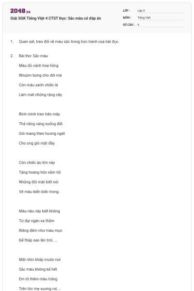 Giải SGK Tiếng Việt 4 CTST Đọc: Sắc màu có đáp án
