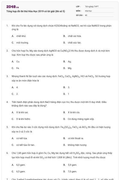 Tổng hợp đề thi thử Hóa Học 2019 có lời giải (Đề số 5)