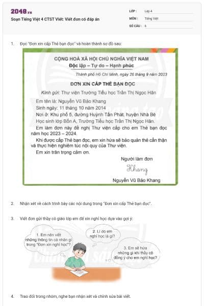 Soạn Tiếng Việt 4 CTST Viết: Viết đơn có đáp án