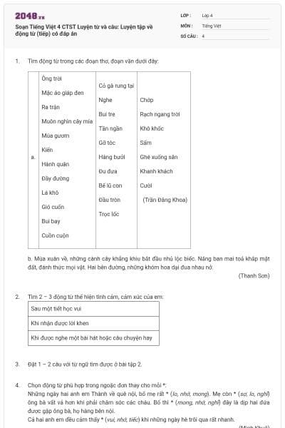 Soạn Tiếng Việt 4 CTST Luyện từ và câu: Luyện tập về động từ (tiếp) có đáp án