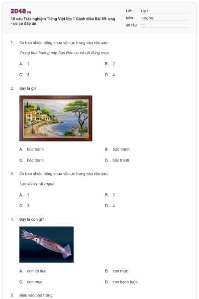 10 câu Trắc nghiệm Tiếng Việt lớp 1 Cánh diều Bài 89: ưng - ưc có đáp án