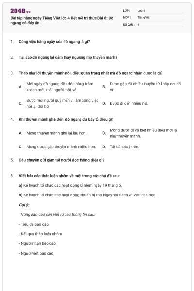 Bài tập hàng ngày Tiếng Việt lớp 4 Kết nối tri thức Bài 8: Đò ngang có đáp án